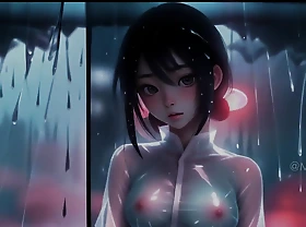 Cute Topless Japanese Girls Under the Rain